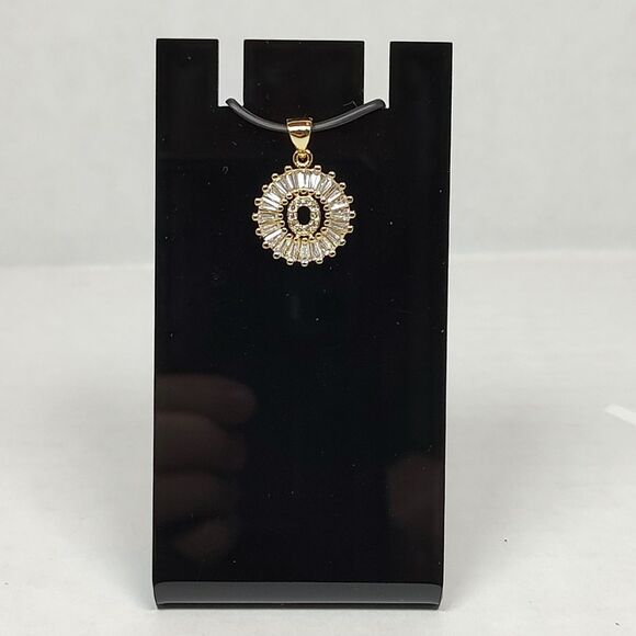 Gold Tone Metal Pendant Clear Baguette Round Glass Stones Monogrammed "O" New - Picture 5 of 16